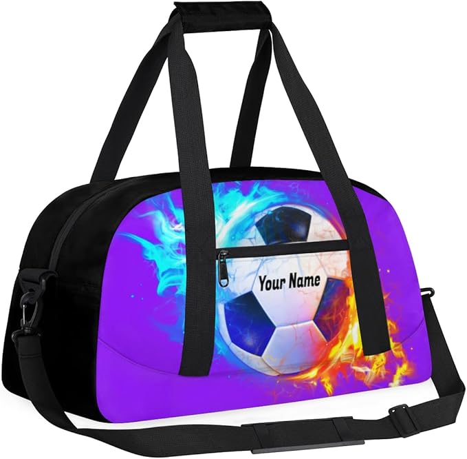 Purple Soccer Personalized Duffel Bag for Girls Boys Custom Name Sport Gym Bag Small Overnight Weekender for Traveling Gymnastic Ballet