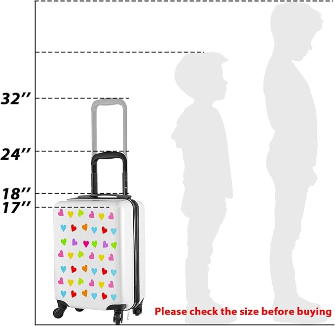 Sanwuta 4 Pcs Kids Luggage Set Rolling Suitcase Backpack U-shaped Pillow Kids Carry On Gift for Summer Travel Family Trip(17 Inch,Heart Style,White)