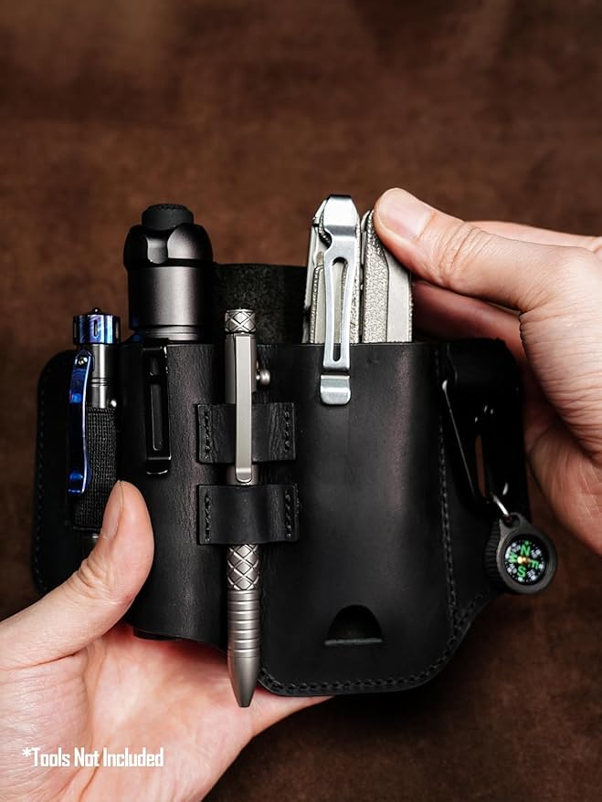 ST2 Leather Multitool Sheath, EDC Leather Belt Organizer, Belt EDC Organizer for Leatherman Tools, Flashlight, Pen, and Keychain Clip, Great for Work and Daily Use, Ideal Gift for Men
