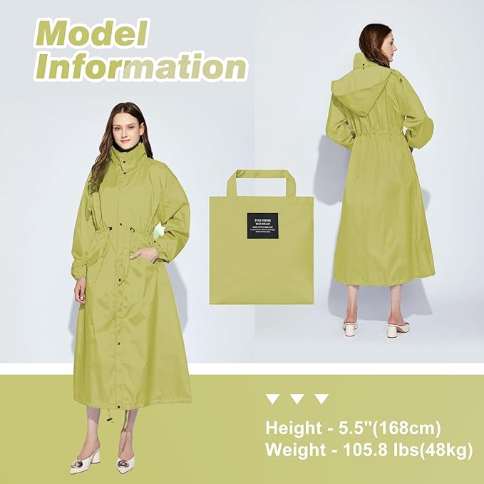 LAMA Womens Long Raincoats Rain Jacket Waterproof Packable Hooded Windbreaker Lightweight Adjustable Waist for Outdoor