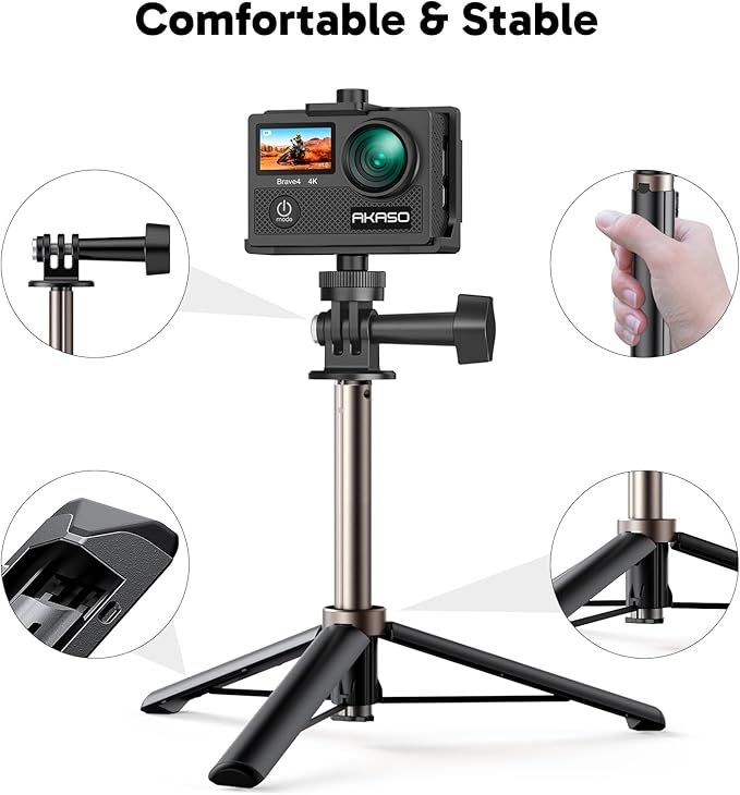 AKASO Brave 4 4K30 Action Camera with Selfie Stick Tripod 20MP Ultra Hd EIS 131ft Waterproof Underwater Camera 5xZoom Dual Screen for vlogging Video with Carrying Case Accessories Kit Bundle