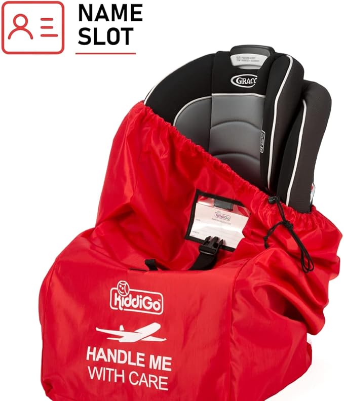 KiddiGo Car Seat Travel Bag for Airplane, Red, 33” H x 18” W x 18” D, Fits Most Standard Convertible, Booster & Infant Car Seats, Gate Check Universal Size Car Seat Cover, Easy Carry Design