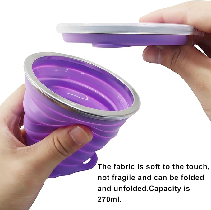 2 Pack Silicone Collapsible Cups for Camping Traveling, Small Portable Foldable Drinking Cup with Lid for Outdoor Hiking (270ml, Pink/Purple)