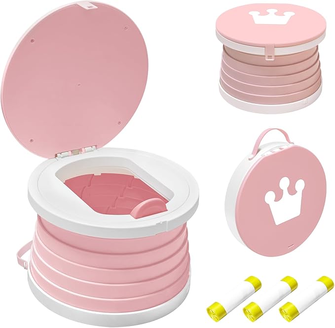 Portable Potty Chair for Toddlers with Splash-Proof Design, Foldable Travel Potty with Bag & 30 Refills - Kids Toilet for Car, Camping, Indoor - Easy Clean Baby Potty Training Seat(White-Pink)