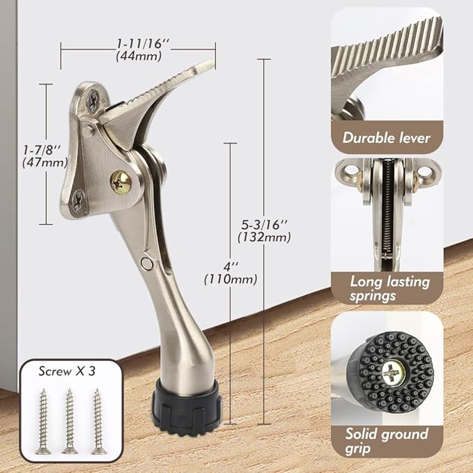 Kickdown Door Stopper 4 Inches - 2 Packs One Touch Adjustable Height Door Stop for The Bottom of Door The Bottom of Door Aluminum Alloy Metal Door Stopper with Rubber Tip Sliver