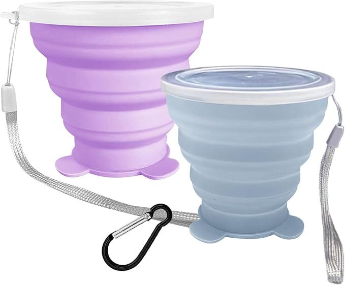 2 Pcs Collapsible Cups, Silicone Collapsible Travel Cup, Expandable Folding Camping DrinkingCup with Lids Reusable Small Portable Mugs-Cup for Travel, Camping, Hiking,Outdoor Sports (Purple&Blue)