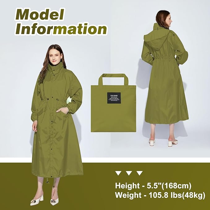 LAMA Womens Long Raincoats Rain Jacket Waterproof Packable Hooded Windbreaker Lightweight Adjustable Waist for Outdoor