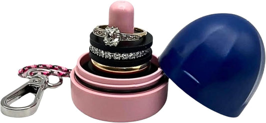 RING THING - Ring Holder Keychain, Jewelry Organizer and Storage, Portable Waterproof Ring Holder, Pill Box Keychain Container, Gym Accessory, and Travel Ring Case (Pink & Blue)
