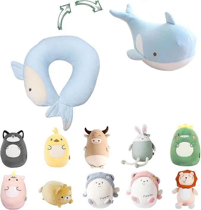 Kids Travel Pillow - 2-in-1 Deformable Kids Neck Pillow for Traveling, Soft U-Shaped Pillow with Adorable Animal Design, Comfy Sleep and Play, Ideal for Airplanes and Cars - Blue Whale