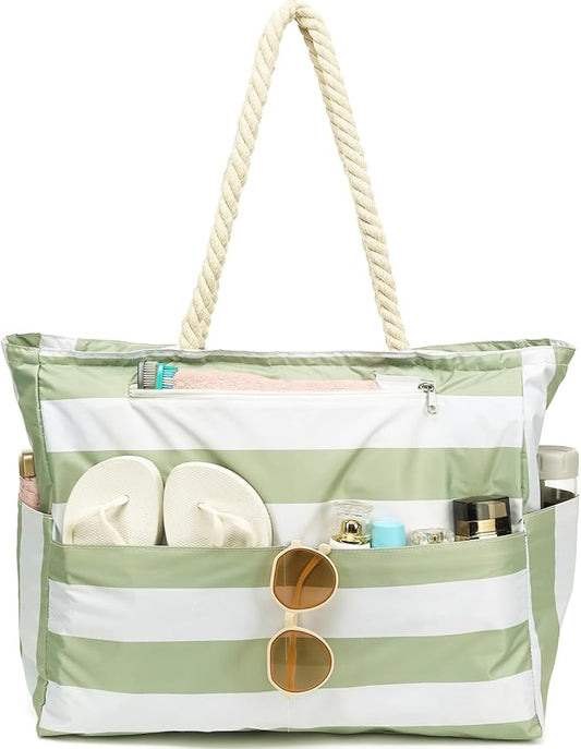 Large Canvas Beach Bag for Women, Beach Bags Waterproof Sandproof with Zipper & Wet Bag Cruise Essentials