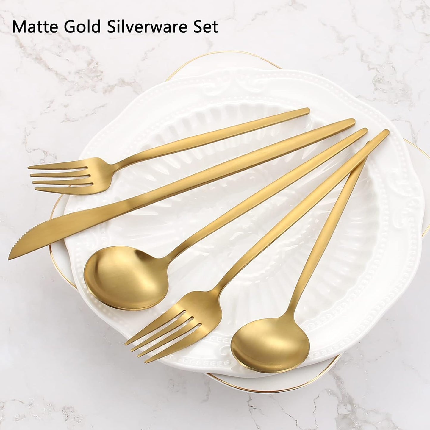Matte Gold Silverware Set, VANVRO 60-Piece Stainless Steel Flatware Set, Satin Finish tableware Cutlery Set, Service for 12, Home and Restaurant, Dishwasher Safe
