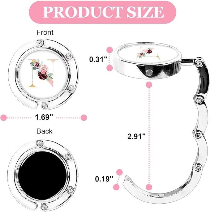XSUIOY 3Pcs Personalized Initial Foldable Purse Hook for Table,Crushed Flower Letters Folding Purse Hanger,Purse Holder Handbag Hanger Collection Desk Table Bag Hooks Gifts for Women Bag(Pink-N)