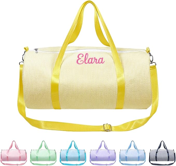 Personalized Seersucker Duffle Bag for Girls, Custom Dance Bag with Embroidered Name,Overnight Bag Ballet Gym Weekender Travel Bag