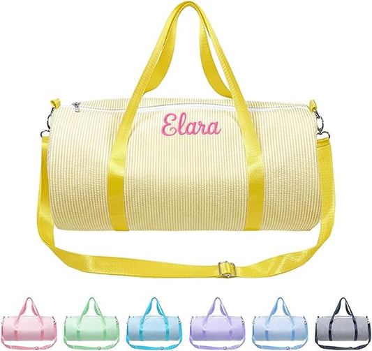 Personalized Seersucker Duffle Bag for Girls, Custom Dance Bag with Embroidered Name,Overnight Bag Ballet Gym Weekender Travel Bag