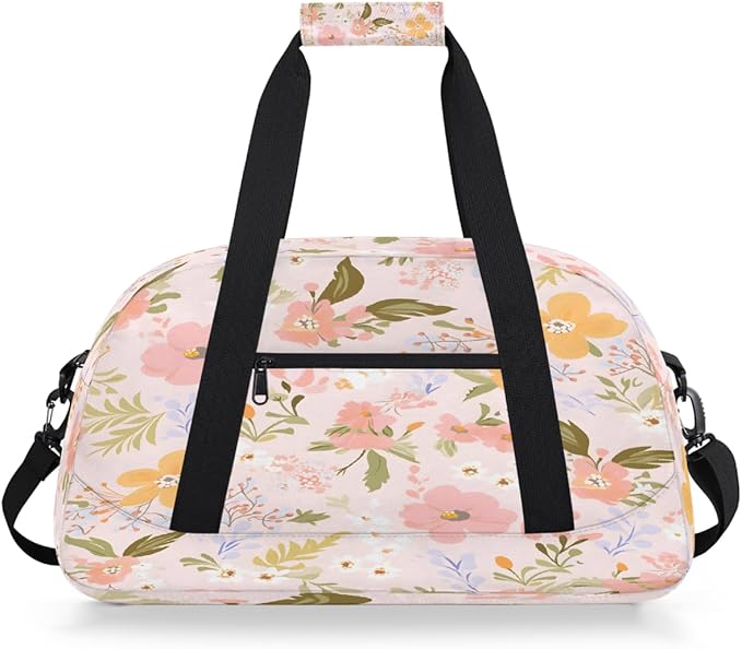 Sports Duffel Bags, Pink Background Floral Print Water-Resistant Gym Duffle Bag for Men Women, Lightweight Weekender Overnight Bag for Fitness, Workout, Travel