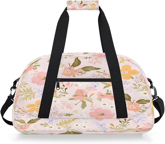 Sports Duffel Bags, Pink Background Floral Print Water-Resistant Gym Duffle Bag for Men Women, Lightweight Weekender Overnight Bag for Fitness, Workout, Travel
