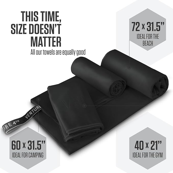 VENTURE 4TH Quick Dry Towel. Microfiber Travel Towel Ideal for Camping, Hiking, Backpacking, Gym. Lightweight & Fast Drying Travel Towels for Body. Compact & Easy to Pack - Black Medium