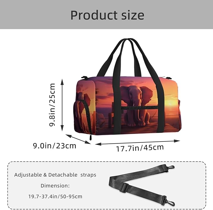 Sports Gym Bag African Elephant Sunset Travel Duffel Bag With Shoe Compartment Shoulder Strap, Lightweight Water-Resistant Weekend Overnight Totes For Women Men