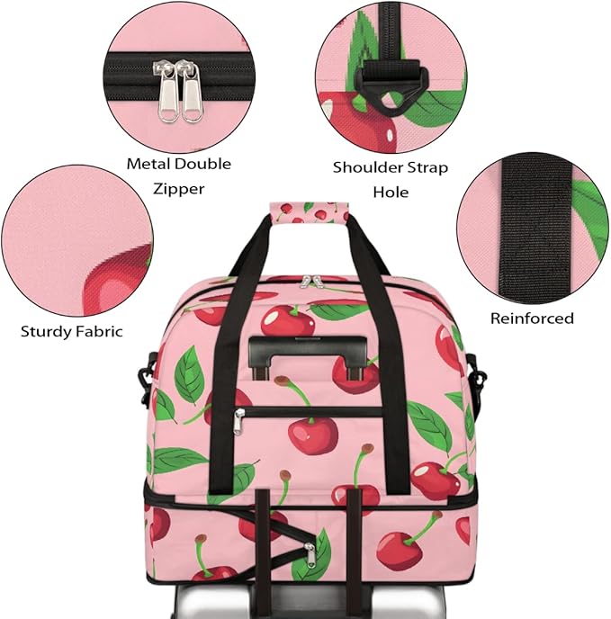 Pink Fruit Cherry Large Weekender Bag with Shoe Compartment Travel Duffel Bags for Women Carry On Hospital Overnight Bag Foldable Personal Item Travel Bags Tote Gym Sports Airplanes