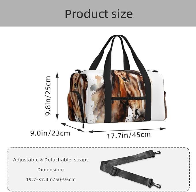 Sports Gym Bag Watercolor Horse Art Painting Travel Duffel Bag With Shoe Compartment Shoulder Strap, Lightweight Water-Resistant Weekend Overnight Totes For Women Men