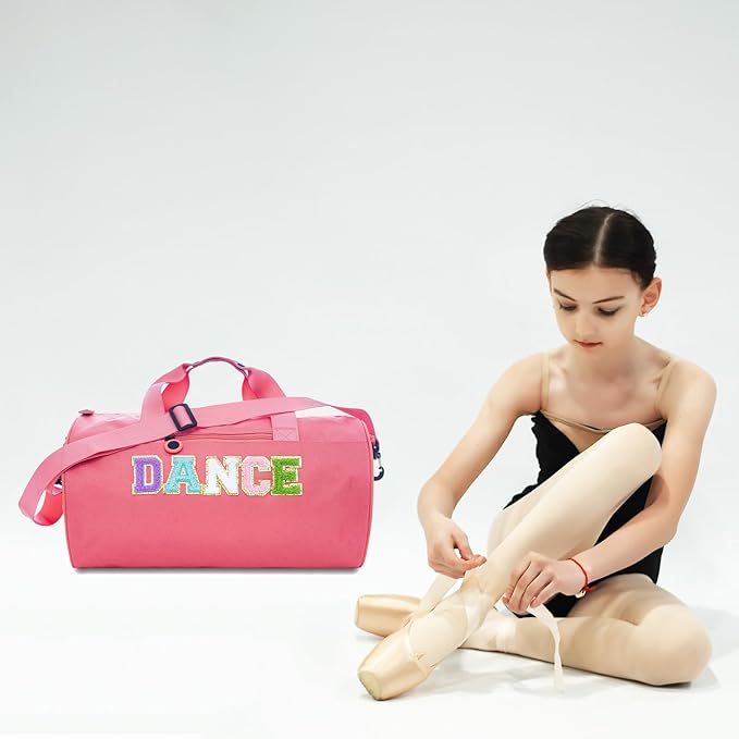 Large Size Dance Ballet Bag for Girls Toddler Teens,Dancing/Gymnastic/Cheer Kids Bag with Chenille Letters,Lightweight Spacious Toddler Duffle Sport Gym Overnight,16.5"Lx9"Wx9"H（Pink)