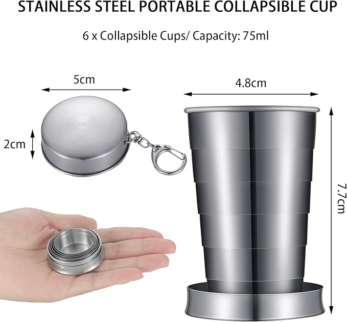 Tessco for you 6 Pieces Collapsible Shot Glasses Stainless Steel Collapsible Cup Reusable Portable Travel Folding Cup with Lid and Keychain for Camping Hiking Cycling(2.5 oz)
