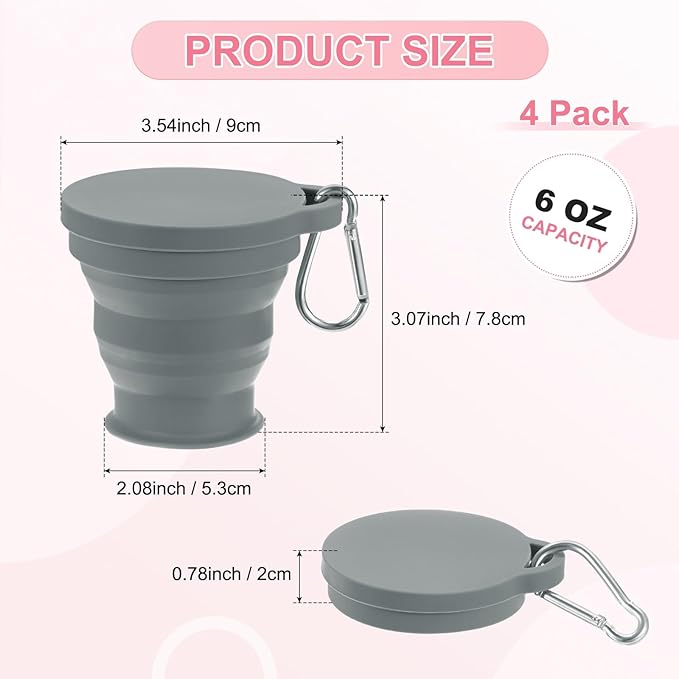 4 Pack Collapsible Travel Cup, 6oz(180ml) Silicone Portable Foldable Water Cup Bottle with Spring Buckle for Travel/Camping/Hiking, Reusable [Dark Gray]