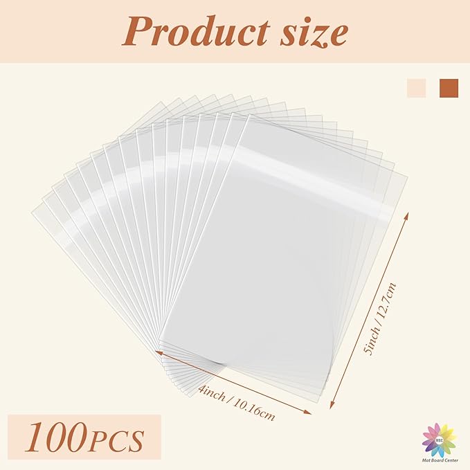 Mat Board Center 4x5 Inches Crystal Clear Sleeves Storage Bags, 100 Pack Self Sealing Cellophane Bags for A2 Card w/Envelope Photos Jewelry