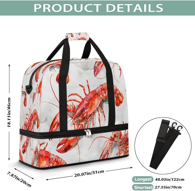 Red Animal Lobster Large Weekender Bag with Shoe Compartment Travel Duffel Bags for Women Carry On Hospital Overnight Bag Foldable Personal Item Travel Bags Tote Gym Sports Airplanes