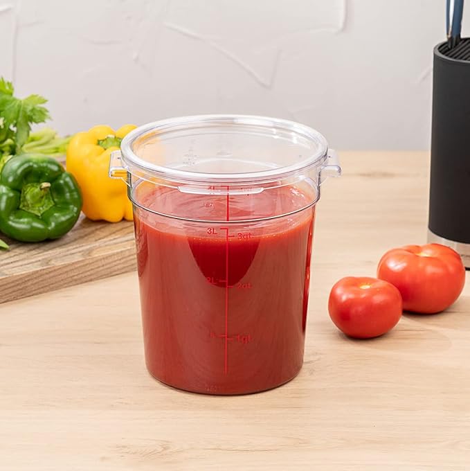 Met Lux 4 Quart Food Storage Container, 1 Round Commercial Storage Container - Lid Sold Separately, With Volume Markers, Clear Plastic Food Prep Bucket, Space-Saving Storage