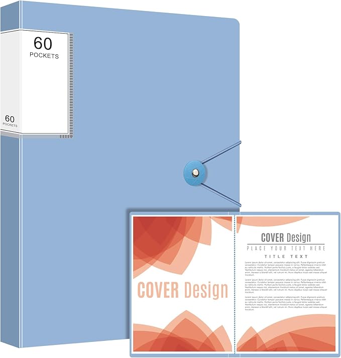 Art Portfolio Folder with 60 Pockets, 120 Pages Display Book, Clear Plastic Sleeves, Blue Presentation Binder for Kids & Artists Artwork