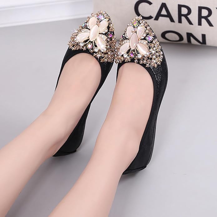 Women Ballet Flats Sparkly Rhinestone Wedding Ballerina Shoes Pointed Toe Foldable Comfort Slip on Flat Dress Shoes