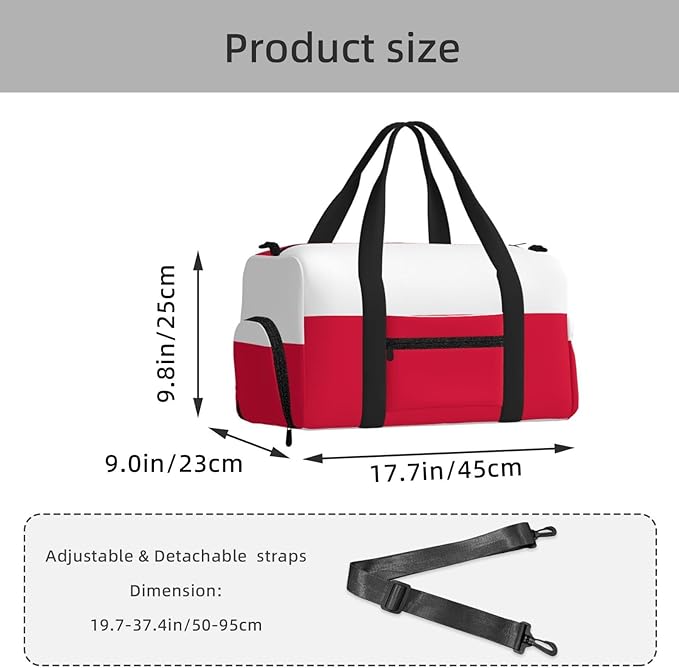 Polish flag Print Gym Bag with Shoe Compartment for Women Men, 17.7in Sports Duffle Weekender Tote, Overnight Travel Duffel Bag Carry On