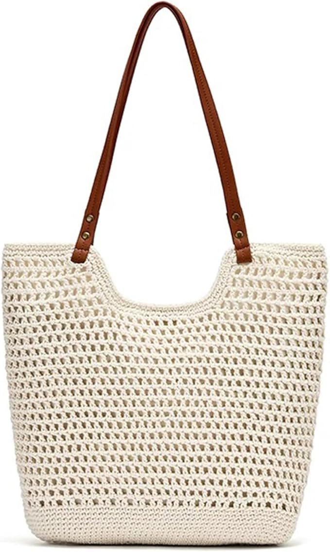 Crochet Beach Bag for Women - Summer Mesh Beach Tote Bag Boho Woven Purse Shoulder Handbags for Vacation Travel