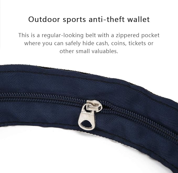 Anti Theft Money Belt with Zipper Pocket, Sports Waist Bag for Running Travel, Concealed Wallet Belt for Outdoor Activities, Secure Hidden Pouch for Cash Cards Valuables (5CM)