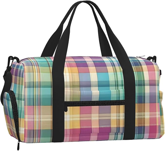 Spring Easter Pastel Plaid Tartan Women'S Gym Duffle Bag With Shoes Compartment, Ideal For Travel, Gym, Sports, Duffel, Weekender