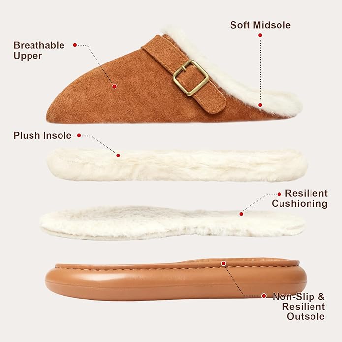 Close Toe Slip On Cotton Slippers with Breathable Faux Fur Memory Foam House Slippers for Women Warm Fuzzy Indoor Slippers with Non-Slip Rubber Sole
