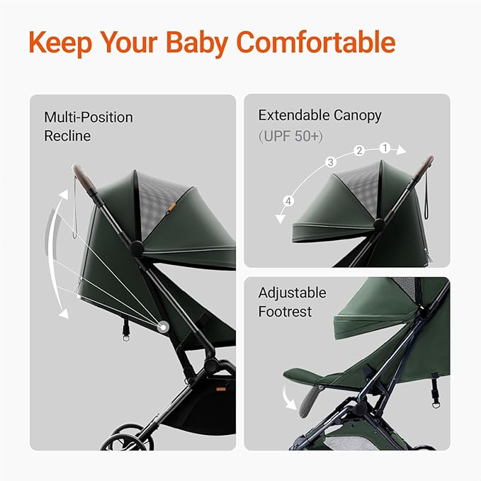 MAMAZING Ultra Air Lightweight Baby Travel Stroller with Carbon Fiber Frame, Compact & Airplane-Friendly, One-Handed Fold, 11.6 lbs, Perfect for Toddlers, Green