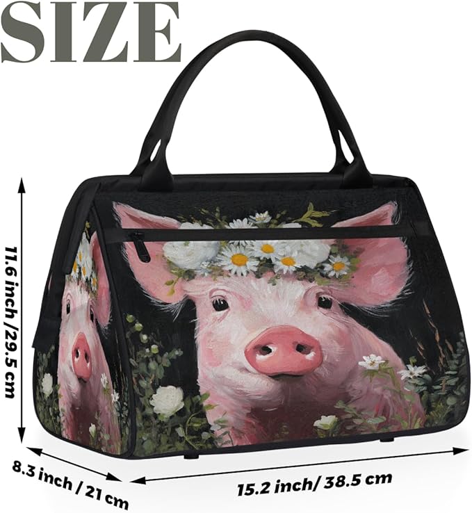 Overnight Weekender Bags for Women Men, Cute Pink Pig With White Flowers Waterproof Travel Carry On Duffel Bag, Lightweight Sports Gym Bag for Fitness, Workout, Travel