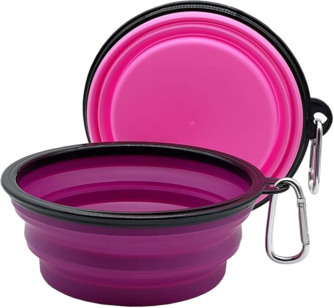 Large Collapsible Dog Bowl 35oz, 2 Pack Collapsible Travel Dog Cat Water Bowl Portable Foldable Food Dishes with 2 Carabiners for Travel, Hiking, Camping, Walking (Purple+Pink, 1000ml)