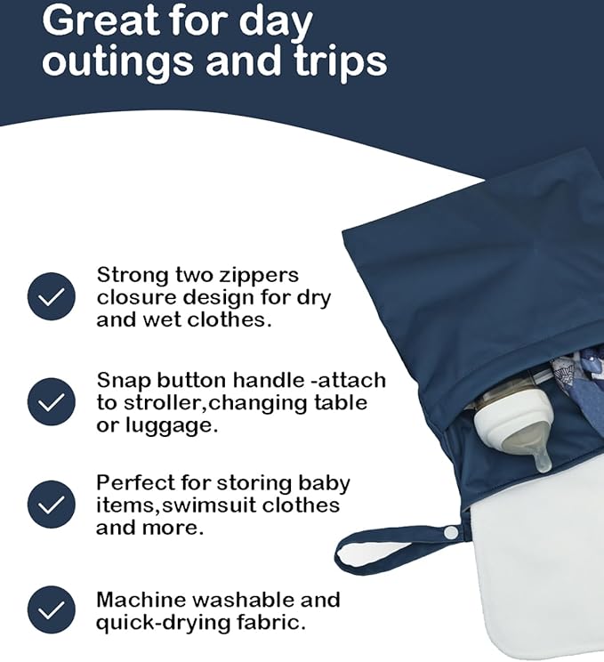 Wet Dry Bags 3 Pack Two Zipper Pockets Travel Beach Pool Reusable Waterproof Yoga Gym Bag for Baby Cloth Diaper Swimsuits Wet Clothes Grey Blue 3L03