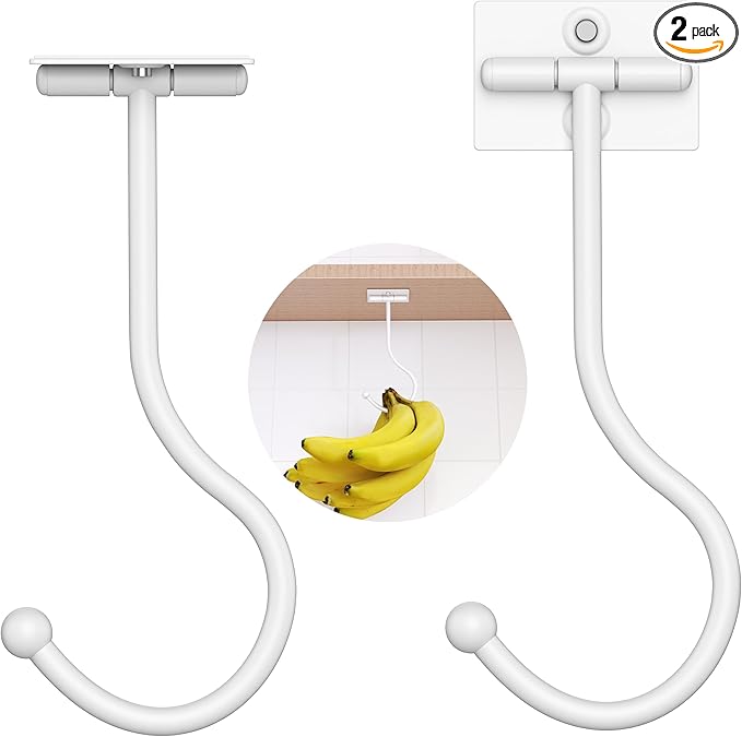 Modern Banana Hanger Hook Under Cabinet: Adhesive Banana Holder, Foldable with Magnets When Not in Use, Under Counter Banana Hook, Stainless, Hold 13 LB, White, 2 Pack