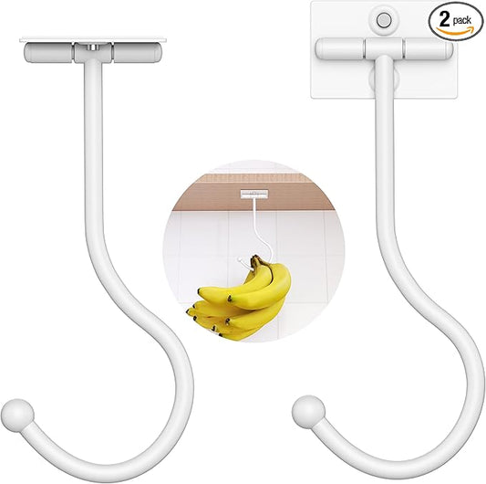 Modern Banana Hanger Hook Under Cabinet: Adhesive Banana Holder, Foldable with Magnets When Not in Use, Under Counter Banana Hook, Stainless, Hold 13 LB, White, 2 Pack