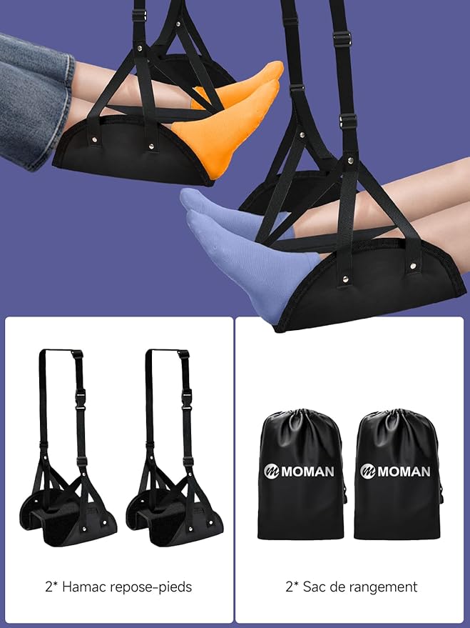 Foot Hammock for Plane, Moman Footrest Airplane Travel Foot Swing Essentials with Upgrade Comfort Leg Rest Pad Cotton for Long Flight Car Drive Office Under Desk hamaca para pies de avión Reposapiés