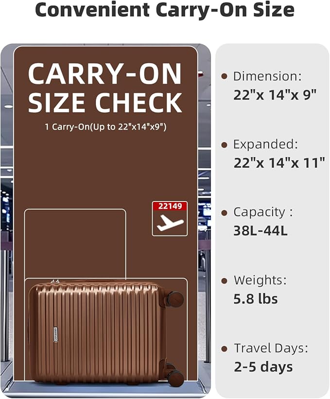 LARVENDER Carry on Luggage 22x14x9 Airline Approved, 20 Inch Hardside Suitcase with Wheels TSA Lock, PC+ABS Lightweight Carry on Suitcases for Women and Men, Maple (20/DB/TB)