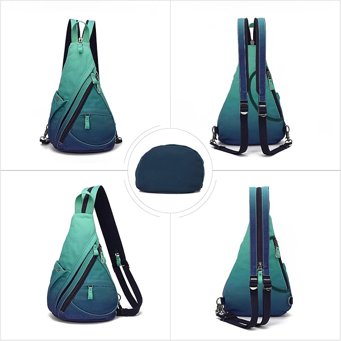 KL928 Canvas Sling Bag - Small Crossbody Backpack Shoulder Casual Daypack Rucksack for Men Women(Large Version,Blue+GrayishGreen)