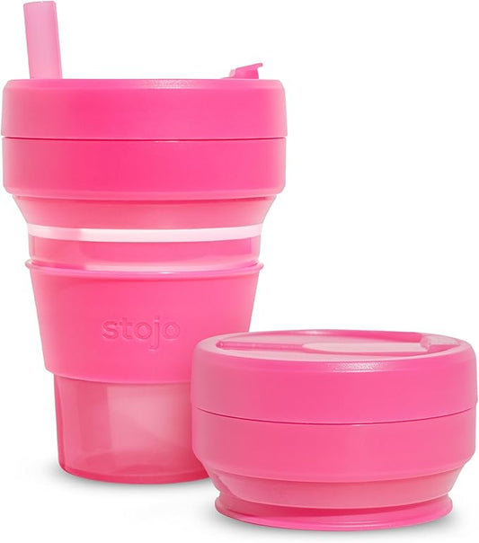 STOJO Collapsible Travel Cup - Reusable To-Go Pocket Size Silicone Bottle for Hot and Cold Drinks - Perfect for Camping - Microwave & Dishwasher Safe (Translucent Hot Pink, 16, ounces)