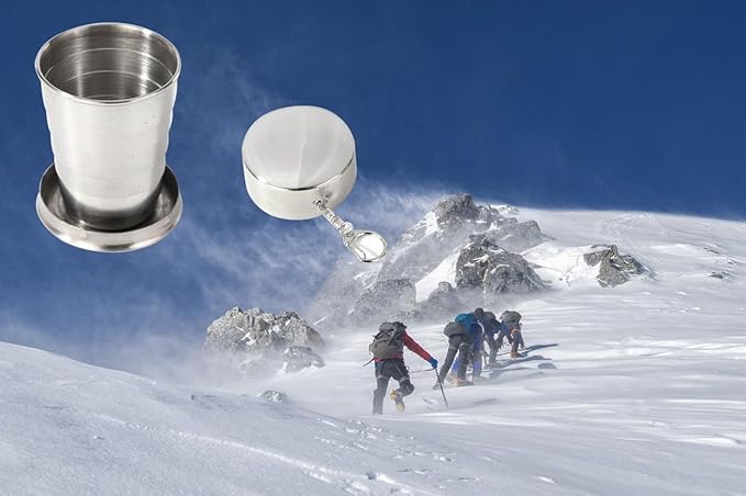 MY MIRONEY 2PCS Stainless Steel Collapsible Cup Telescopic Shot Glasses Portable Outdoor Folding Cup with Metal Keychain and Lid for Travel, Camping, Picnic (2.5 Oz)