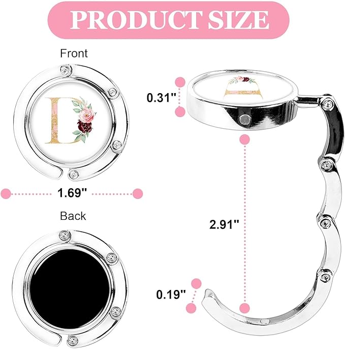 XSUIOY 3Pcs Personalized Initial Foldable Purse Hook for Table,Crushed Flower Letters Folding Purse Hanger,Purse Holder Handbag Hanger Collection Desk Table Bag Hooks Gifts for Women Bag(Pink-D)