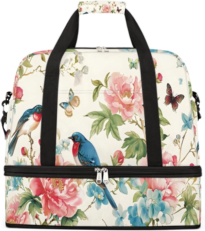 Pink Flower Bird Butterfly Large Weekender Bag with Shoe Compartment Travel Duffel Bags for Women Carry On Hospital Overnight Bag Foldable Personal Item Travel Bags Tote Gym Sports Airplanes